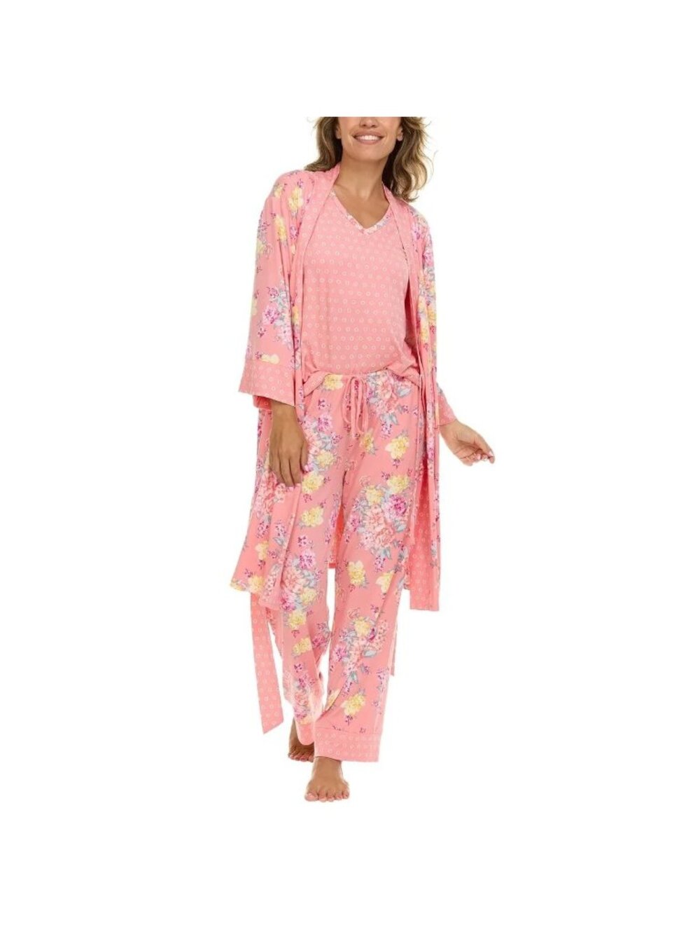 NWT Flora Nikrooz Women's S 3-Piece Sleep Set Pink Floral Robe Tank & Pants